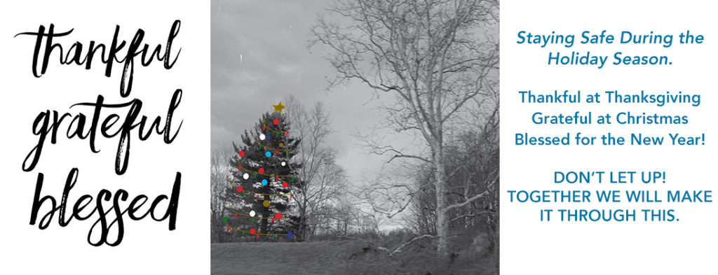 Picture of black and white outdoor scene with tree decorated for Christmas