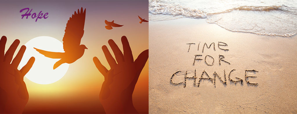 Picture of hope, open hands releasing a dove, and change, the word change written in the sand on a beach.