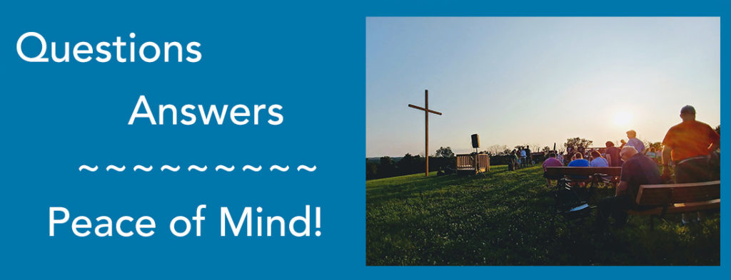 Questions, answers, peace of mind. Frequently asked questions on the website. Photo of people at Cross Hill at Echoing Hills. Cross, seating, fellowship;.