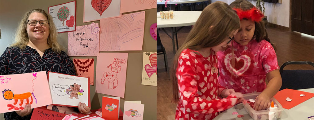 An echoing Hills employee smiles holding valentines that will soon be placed on the windows of the homes where individuals with disabilities live. Two Children share a table and make valentines to donate.