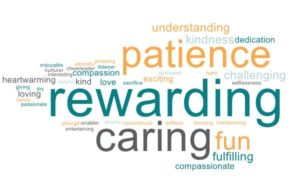 A cloud of words depicting the way direct support professionals feel about their positions. Like Patience, rewarding, caring, fun, fulfilling, compassionate, etc.