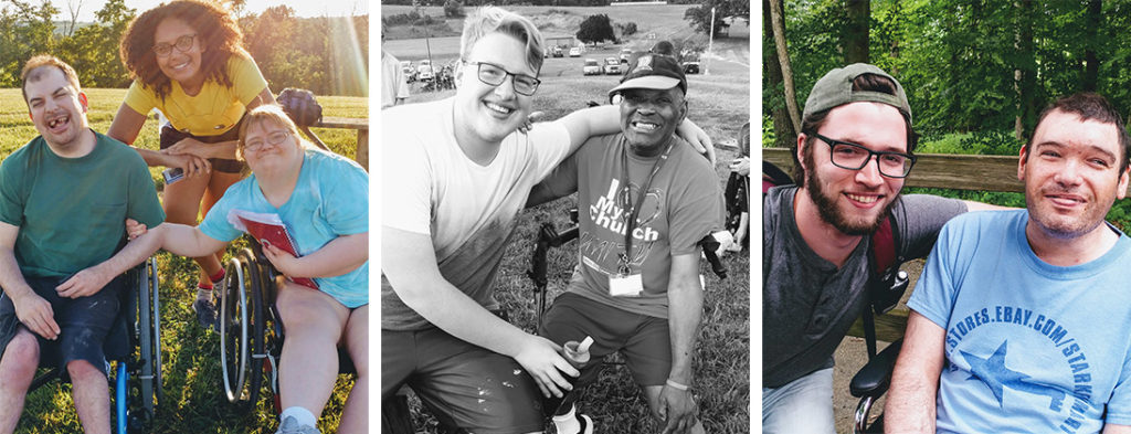 Pictures of Camp Echoing Hills Volunteers providing service to individuals with disabilities. Smiling faces in the sunshine and at Cross Hill.