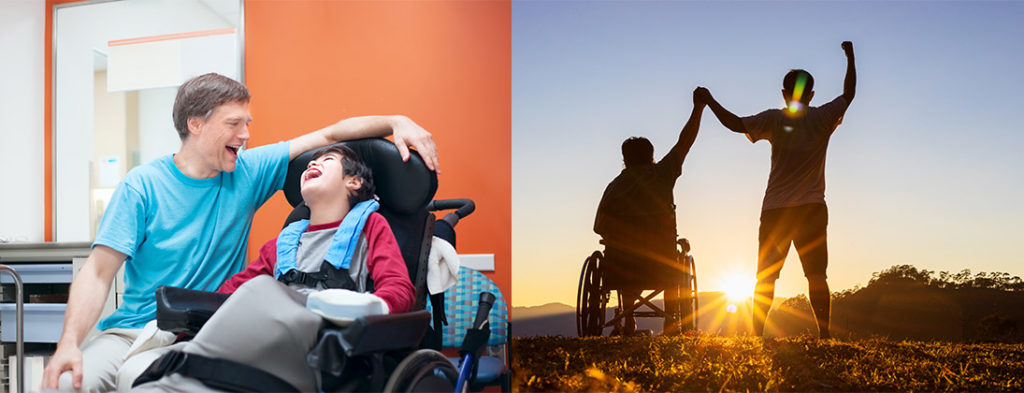 PHotos of people with disabilities smiling, raising their hands and being helped by caregivers