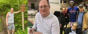 Jeff smiling as he writes poems, goes to a basketball game and walks a trail. He is photographed with his friends he lives with at Echoing Hills.