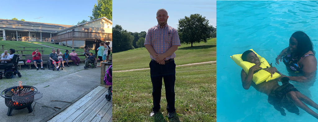 Meet Heath Pawlak Camp Echoing Hills Recreation Services Administrator in the center smiling in the sunshine with two photos of campers on either side. One is a s'mores making party at camp and the other is swimming in the beautiful pool.