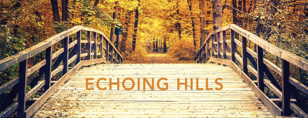 Picture of fall leaves on a rustic wooden bridge with the words Echoing Hills