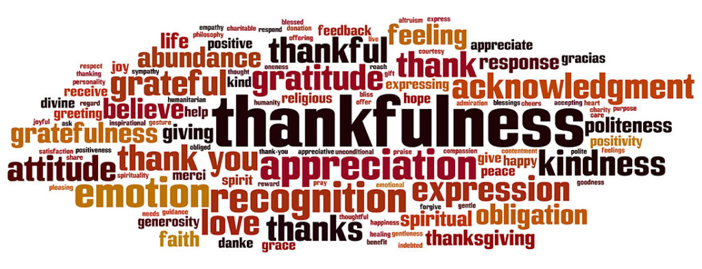 Many words coming together in fall colors describing thankfulness. LIke recognition, appreciation, gratitude, thanks, spiritual, religion