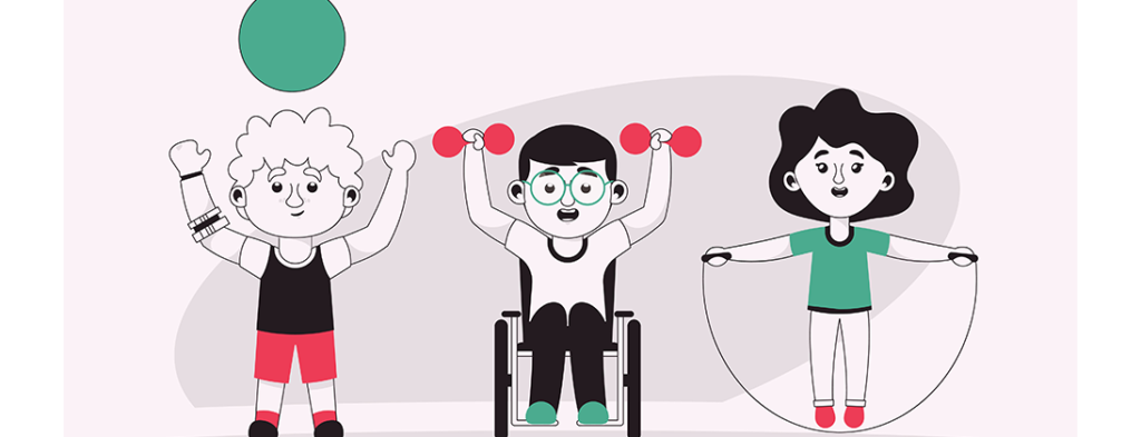 Inclusive exercise picture one person tossing a ball, one in a wheelchair lifting weights and a girl jumping rope.