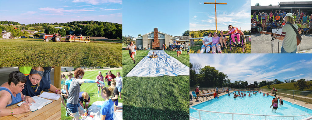 Collage of Camp Echoing Hills photos of campers and volunteers. Swimming, hayrides, face painting, slip and slide fun.