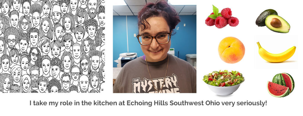 Becka who works in the kitchen at Echoing Hills is smiling in a photo with her dark hair up in a messy bun.