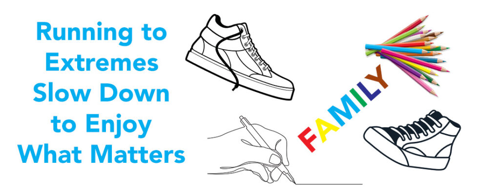 Pictures of running shoes, writing, colored pencils and the word family.
