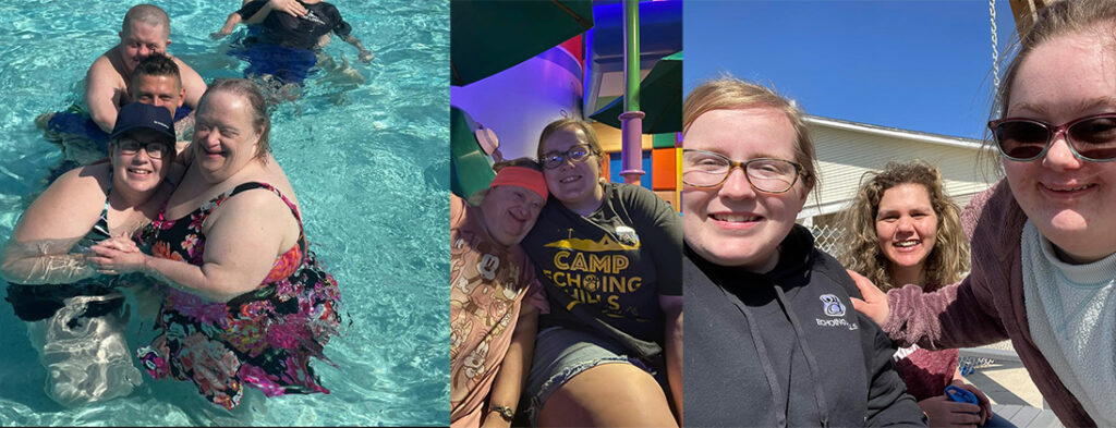 Emmy is pictured smiling and wearing a Grey and Yellow Camp T-shirt. She is with smiling campers in the crystal blue pool, on an outing, and in a group shot at camp. The campers are all smiling and having a great time. One is wearing sunglasses and taking a selfie with Emmy.