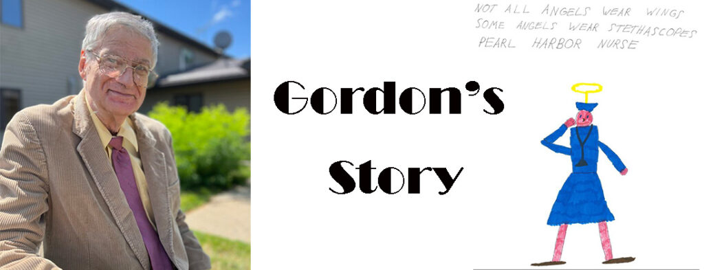 Gordon's Story with a picture of Gordon in a tan corduroy jacket with a mauve tie and yellow shirt. Gordon has gray hair and wears silver rimmed glasses.