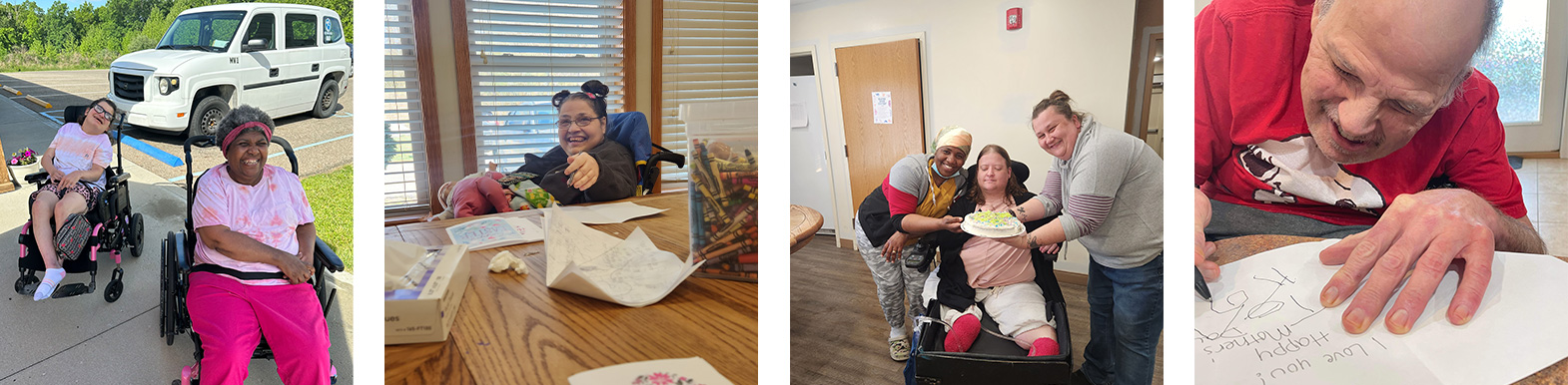 Waiver services at Echoing Hills. Pictures of helping those with disabilities. Smiling lady at a desk writing, smiling DSP with a cake for an individual, man at table writing in a card.