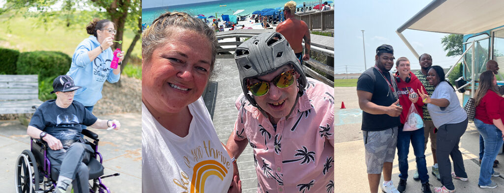 Photos of Direct Support Professionals with people who have disabilities and that they serve. Smiling and happy. On vacation at the beach, having ice cream from a food truck and blowing bubbles on a beautiful sunny day.