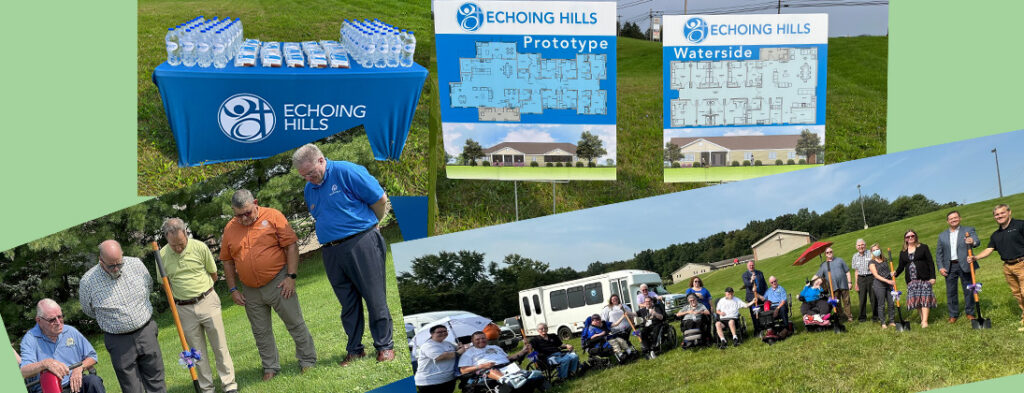 Pictures of people who live and work at Echoing Hills. Attending the groundbreaking ceremony in Northeast Ohio for new group homes. Smiling, happy, blue skies and sunshine. Some are in wheelchairs because of disabilities. Holding shovels with purple, blue and white ribbons and bows.