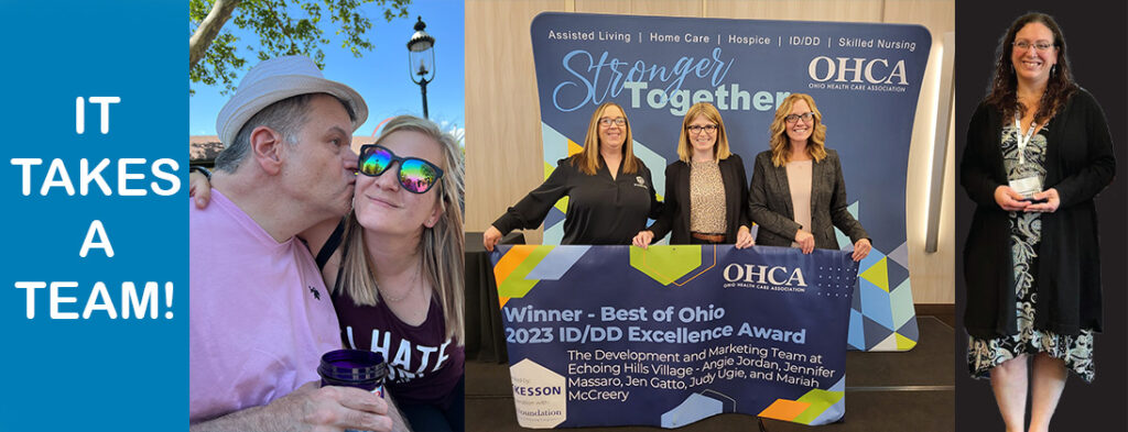 Smiling Echoing Hills Team Members being awarded at OPRA for serving the company well. A kiss on the cheek from a Resident served to an amazing volunteer, smiling members of the marketing department. Three women wearing glasses and earth tone clothing. A team member in a knee length black dress smiling and holding her award.