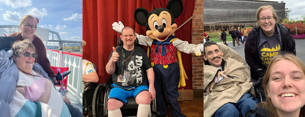 Photos of Echoing Hills Campers Traveling to the ArK in Kentucky and Disney in Florida. Smiling with a thumbs up, Mickey Mouse in the background. Emmy and Sarah, volunteers and team members at Echoing Hills, serving campers in wheelchairs. Happy, smiling, enjoying life.