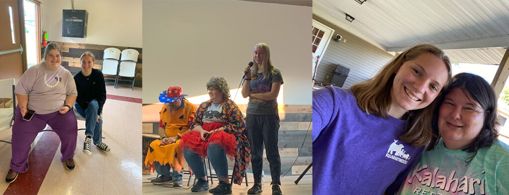 Summer Job or Mission Trip? Christian Camps Let You Do Both! Camp Echoing Hills volunteers and counselors. Wearing costumes, smiling enjoying friendship. Counselor is smiling, wearing a purple shirt. Camper is wearing a green t-shirt. Counselors and campers are dressden like flintstone characters, wearing funny wigs.