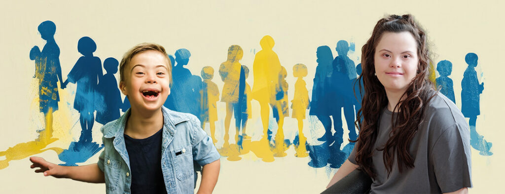 photo of blue and yellow background people depicting downs syndrome. Photo of young boy with downs wearing a blue jean jacket. Picture of a girl with downs syndrome smiling in a gray sweater with long dark hair.