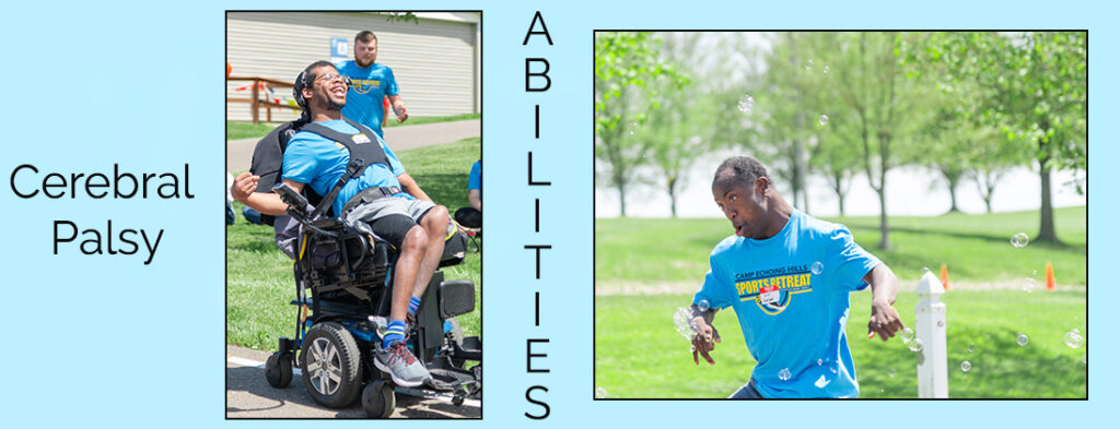 two people with Cerebral Palsy actively participating in Camp Echoing Hills Sports Retreat. Wearing baby blue sports retreat t-shirts.