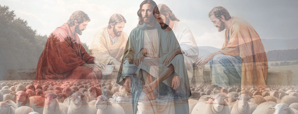 Pictures showing Jesus with his sheep and Jesus washing feet with his disciples.