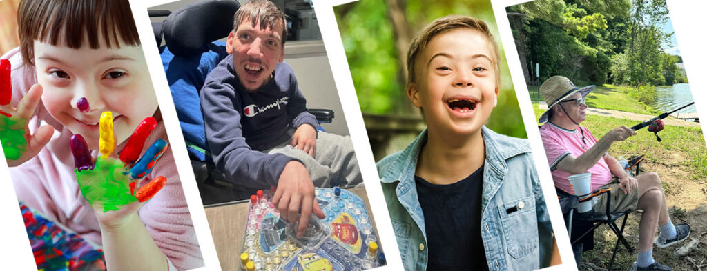 Smiling people with disabilities. Young girl with colorful paint on her hands making handprint art, smiling older man fishing. All have the ability to learn and so do we. Including everyone is important. Smiling middle aged person playing a board game. Abilities first.