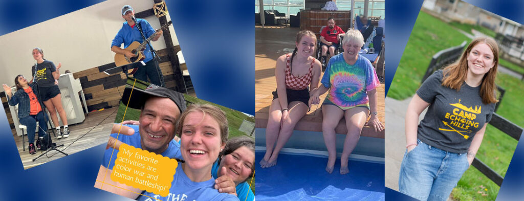 Photos of Sarah smiling on a cruise ship with people with disabilities. Smiling in a photo of just her wearing a camp t-shirt gray, group photo of Sarah with campers wearing blue t-shirts.