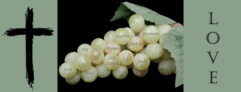 Banner with pictures of grapes with the fruit of the Spirit on them. A black cross with jagged edges and the word Love.