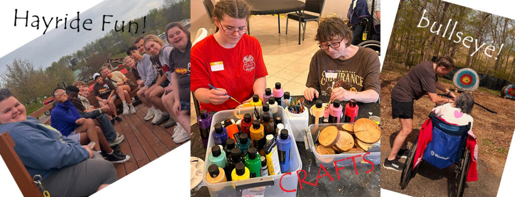The importance of play. People with disabilities on a hayride, smiling and waving. Crafting with friends, painting wooden circles, archery fun from a wheelchair. Trying to hit the bullseye.