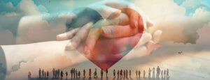 Picture of lots of people being there for one another. Overlay of two hands showing comfort for each other.