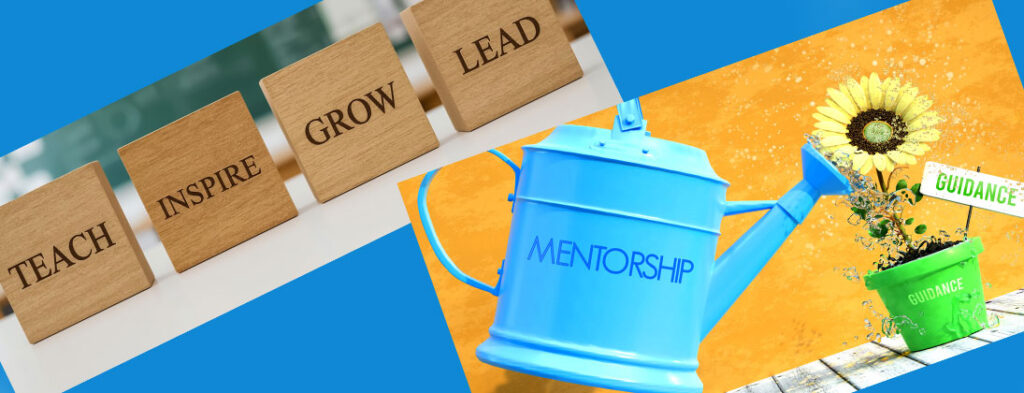 Pictures of terms that show mentorship. A watering can with mentorship on it, blocks of wood that say grow and lead. Echoing Hills has a mentorship program.