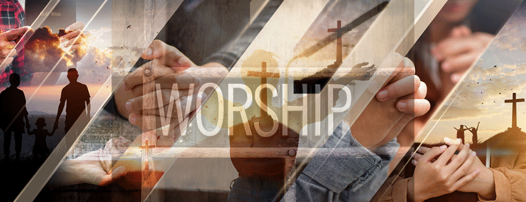 photo of a cross, hands folded in prayer, families walking to worship together.