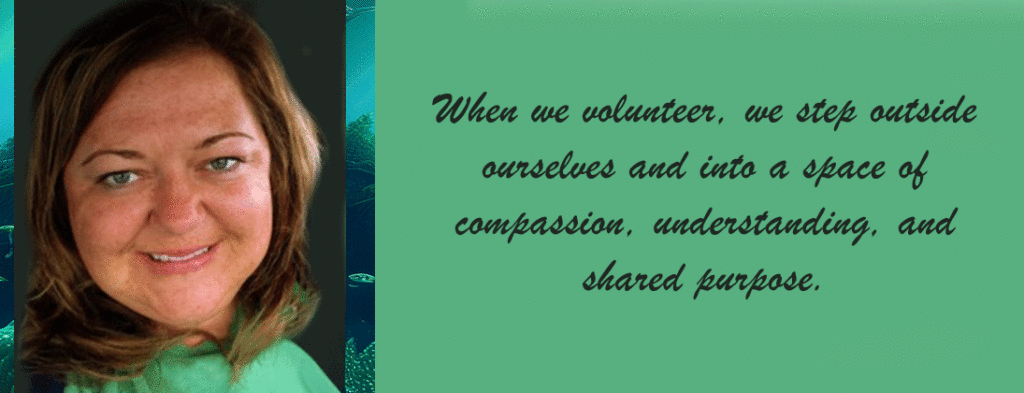 Camille from Echoing Hills wearing a green shirt and smiling. She says volunteering teaches us compassion and understanding.