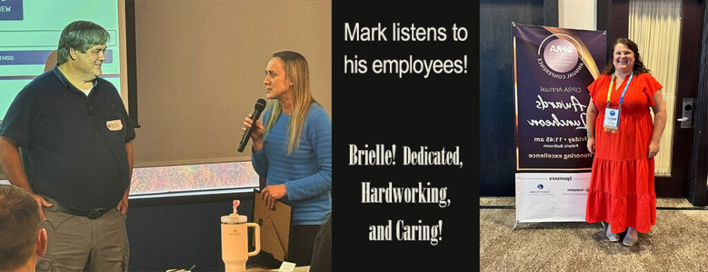 Mark and Brielle smiling while being congratulated on going the extra mile. Mark is wearing a blue polo and standing in front of a screen while being awarded. Brielle is wearing a bright red dress and standing beside a sign that congratulates her. Echoing Hills is proud of both employees.
