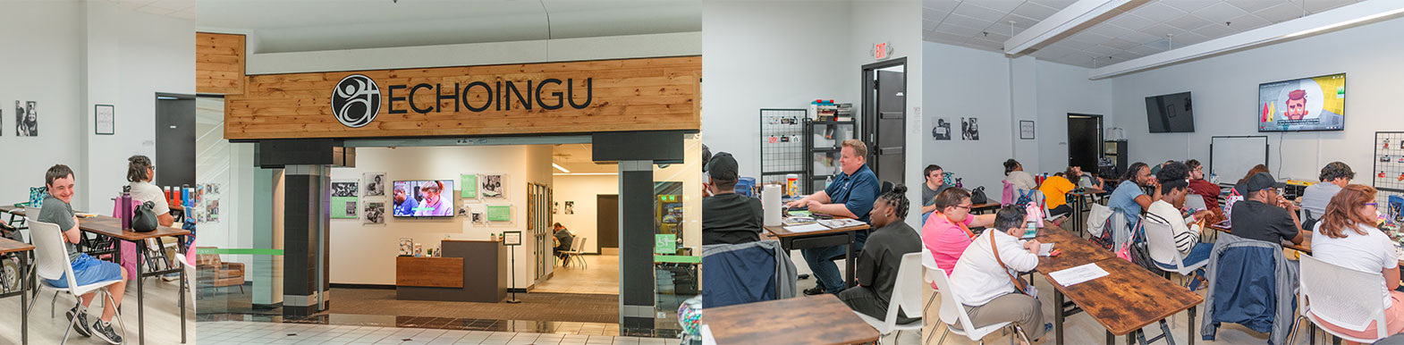 EchoingU of Southwest Ohio students and director are smiling, happy, learning. New location is black with a wooden background. Students are smiling, wearing a grey tshirt and blue shorts. the classroom students are watching an education videa on a large screen at the front of the room.