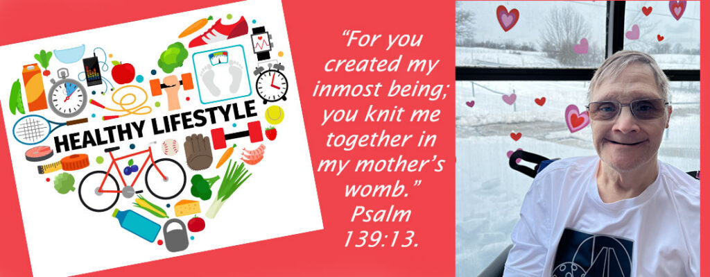 Picture of a heart designed from words depicting a healthy lifestyle. A picture of a person who lives at Echoing Hills. Smiling with Valentine hearts all around them.