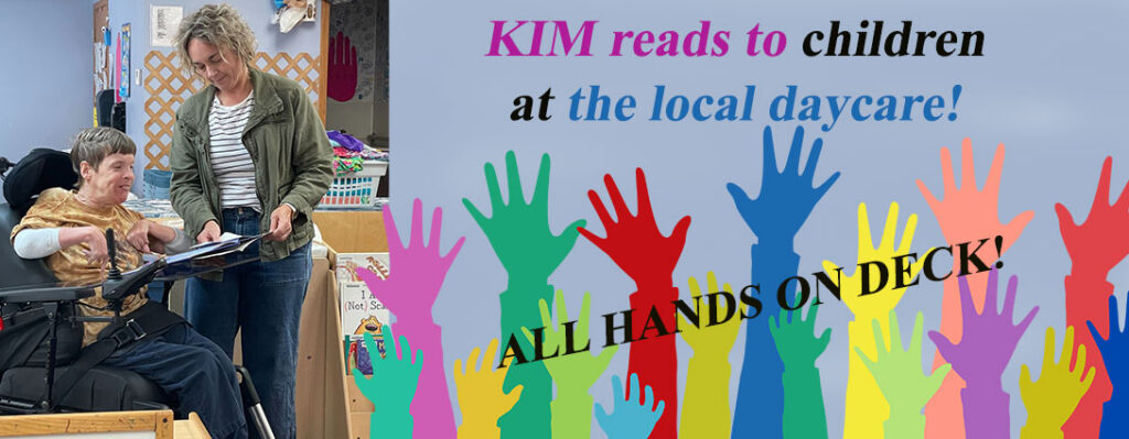 colorful hands reaching upwards signifies all people working together. Kim reads to children in childcare as her volunteer efforts.