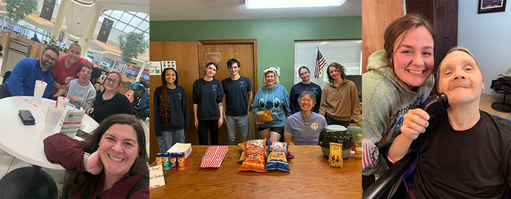 Direct Support Professionals picture with Echoing Hills Individuals. Smiling while getting help with a shave, circled around an individual they serve, wearing t-shirts that say Echoing Hills, happy faces in a social setting.