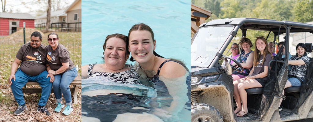 Pictures of campers at Camp Echoing Hills. Smiling in a crystal blue swimming pool that is disability assessible. Campers and counselors in a side by side taking a fun refreshing ride, and building friendships as a counselor and camper sit side by side smiling and communicating.