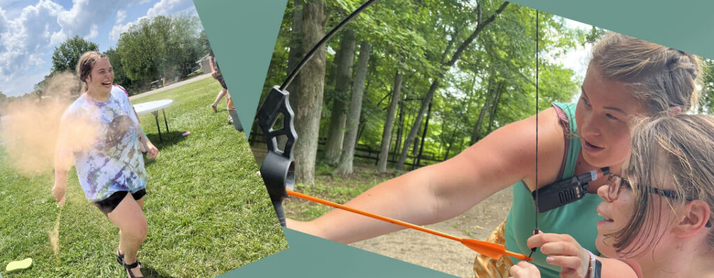 Anna and an Echoing Hills Camper share smiles as anna teaches the camper how to use a bow and arrow to hit a target. Teal blue is the background matching Anna's tank top.