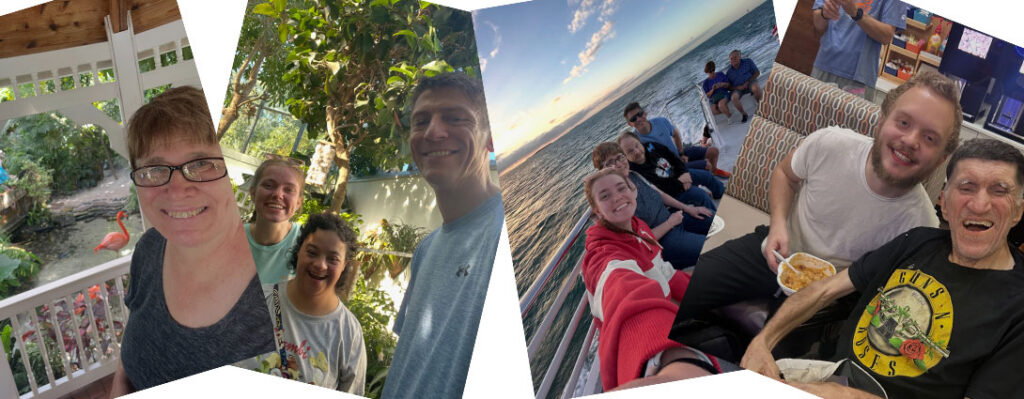 Smiling travelers from Echoing Hills enjoying places like Florida and the ocean. Riding on a boat, visiting the water, eating out, and friendship.