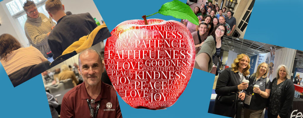 Fruit of the spirit scripture on a red apple. Photos of Echoing Hills leadership at training and camp staff enjoying time together after training to lead and guide Camp Echoing HIlls campers.