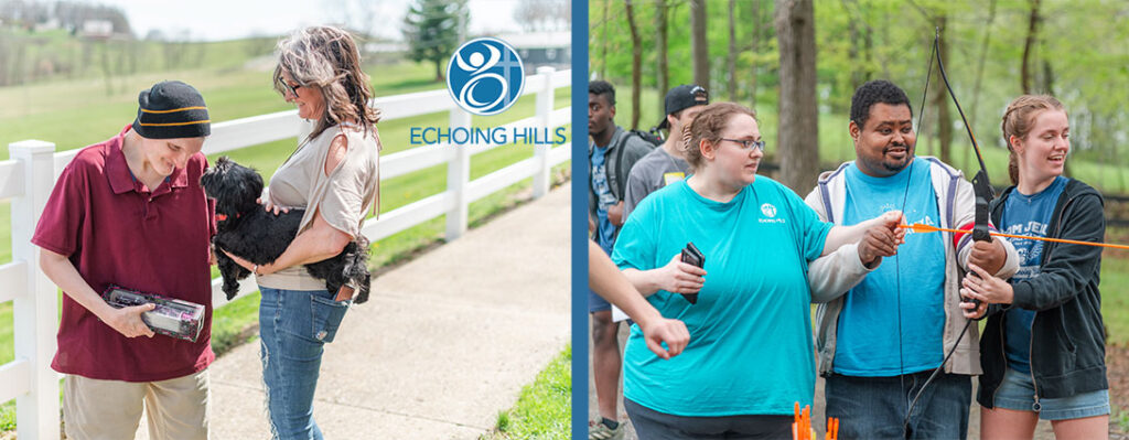 Happy Echoing Hills residents enjoy beautiful weather and new adventures. One is petting a dog, the others are testing their skills at archery. Camp Echoing Hills beautiful scenery of green leaves, tall trees.