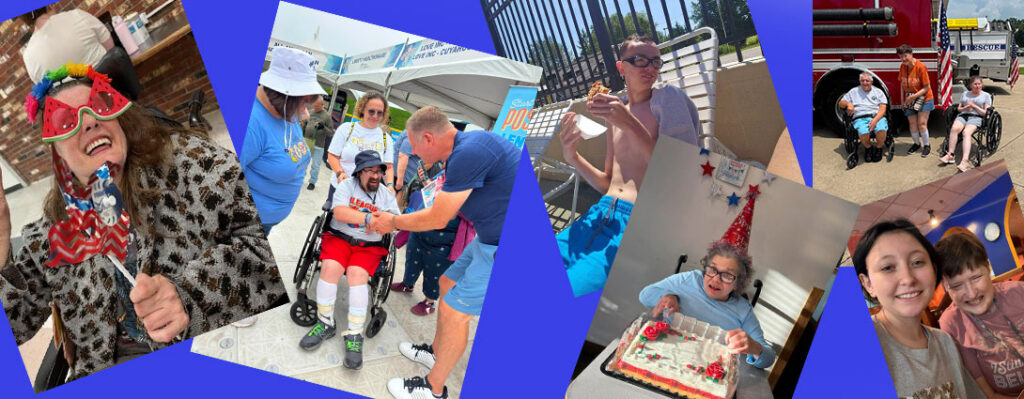 Photos of people served at Echoing Hills all over Ohio. Smiling at a ballgame, swimming wearing blue swim trunks, eating pizza, wearing sunglasses. Celebrating a birthday with a cake with red roses made from frosting.