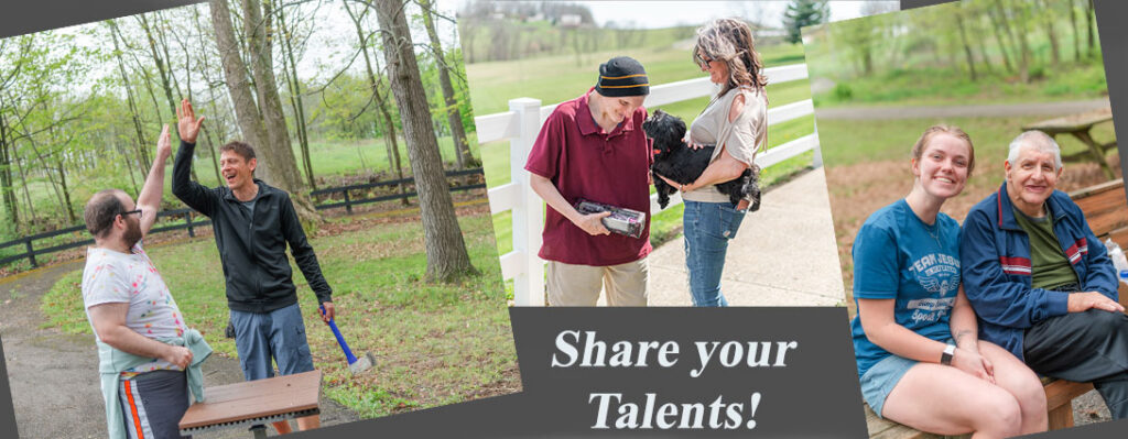 Echoing Hills volunteers and team members sharing their talents with those served. Petting puppies, fun at camp, and friendship.