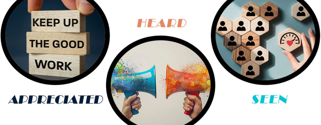 colorful pictures of megaphones depicting being heard, good job in wooden blocks, seen, people being seen by employer with a red heart.