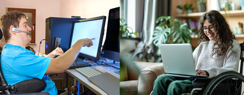 photos of employees with disabilities. In wheelchairs working at a computer.