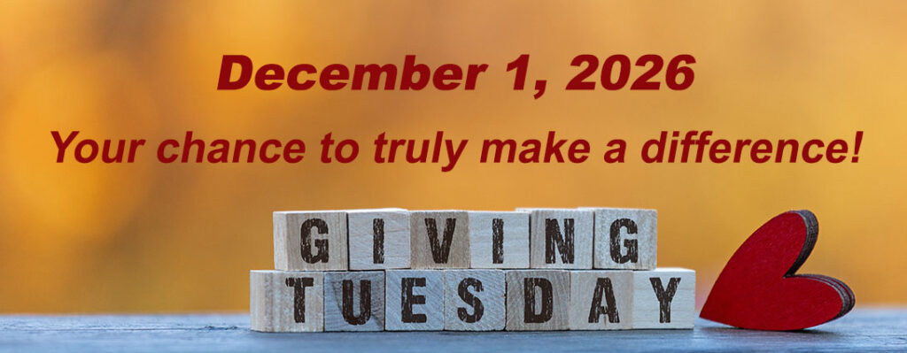 Giving Tuesday, December 1, 2026. Heart with wooden blocks that say Giving Tuesday in black, the heart is in red.